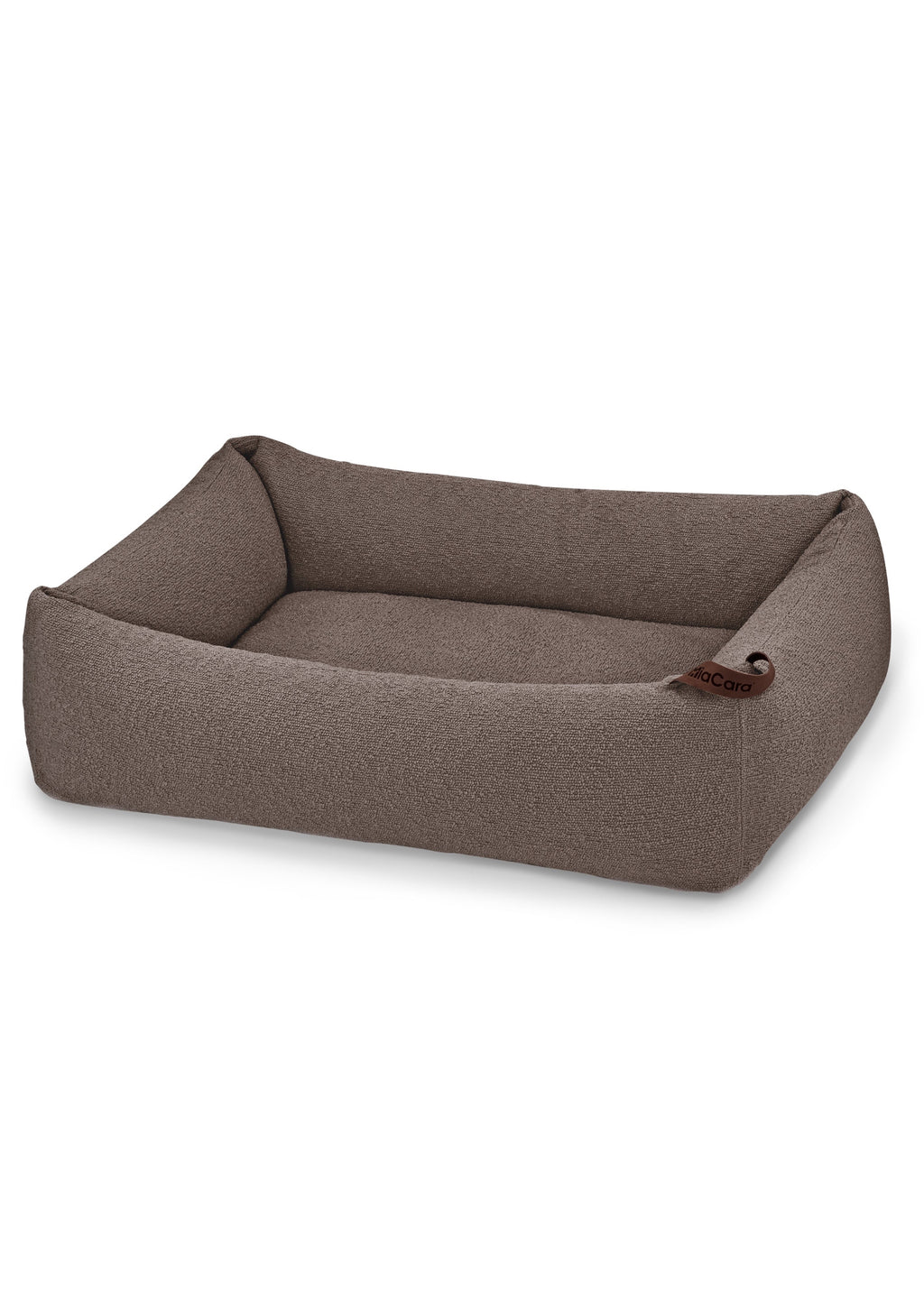 Modern hondenbed met bouclé stof, orthopedisch matras en afritsbare hoes.