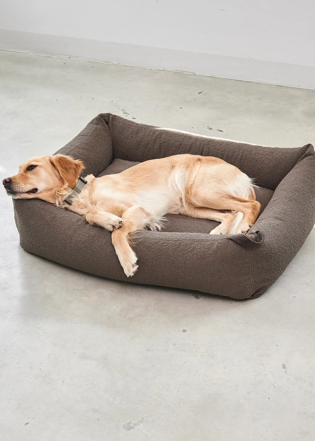 Modern hondenbed met bouclé stof, orthopedisch matras en afritsbare hoes.