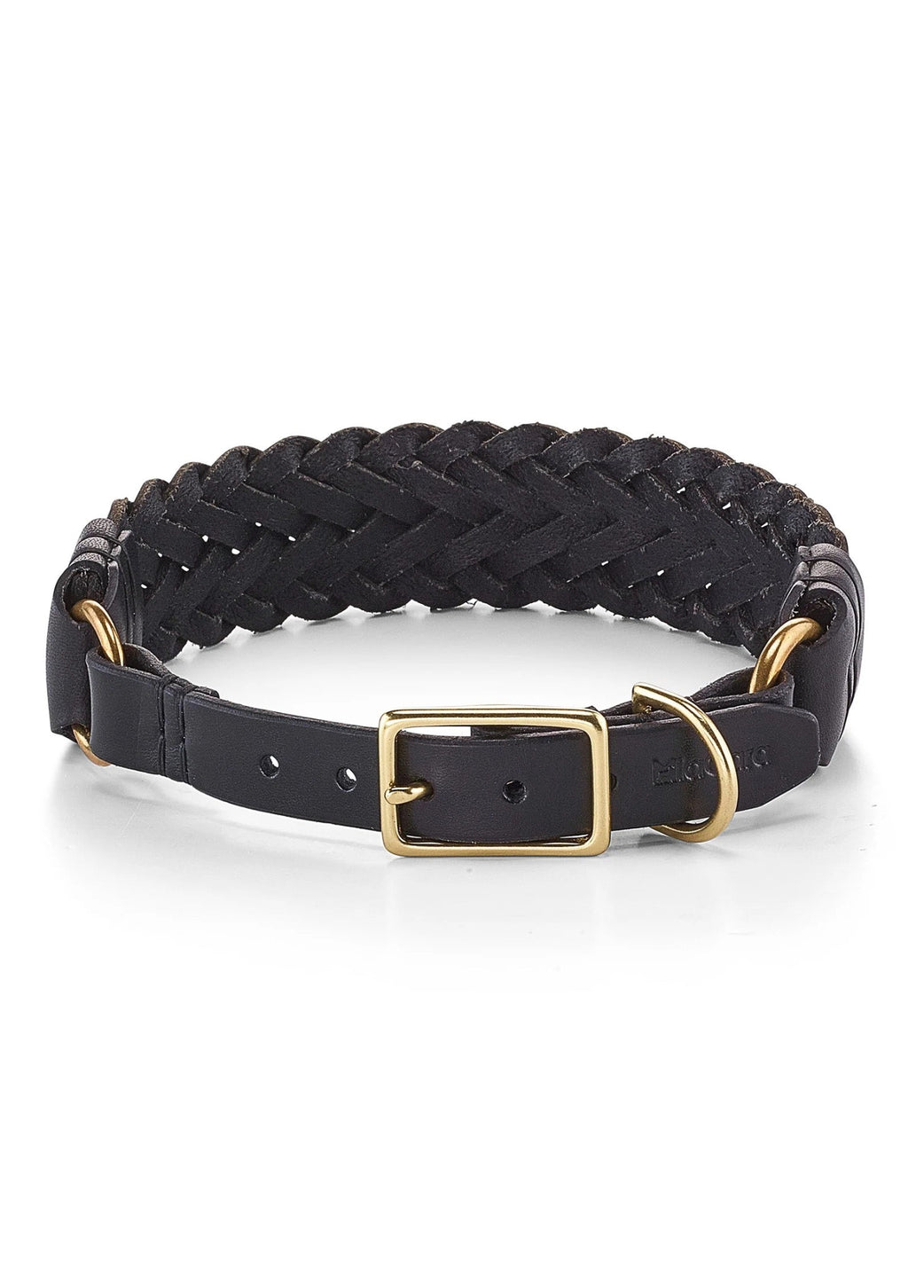 Handgeweven hondenhalsband van plantaardig gelooid leer met messing details