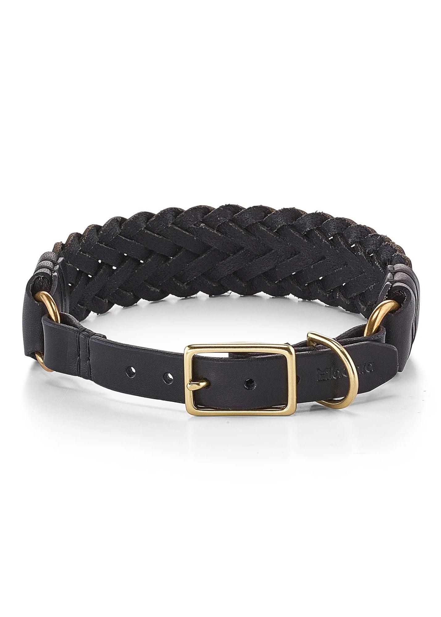 Handgeweven hondenhalsband van plantaardig gelooid leer met messing details