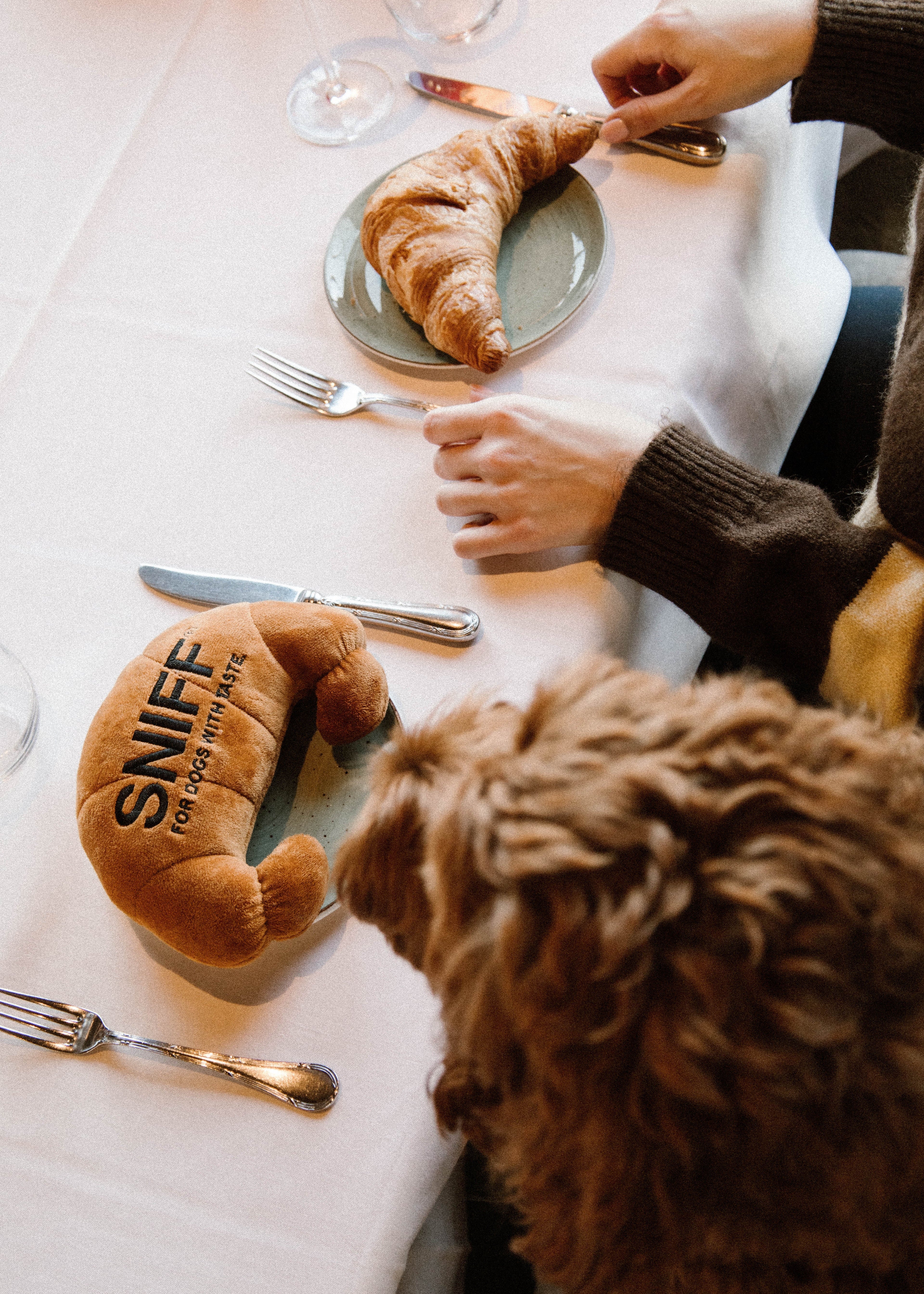 Designer hondenspeeltje in croissant vorm