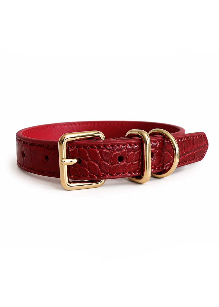 Luxe wijnrode hondenhalsband met gouden details