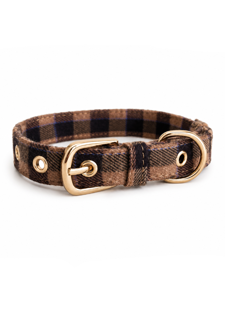 Beige geruite hondenhalsband met lila detail