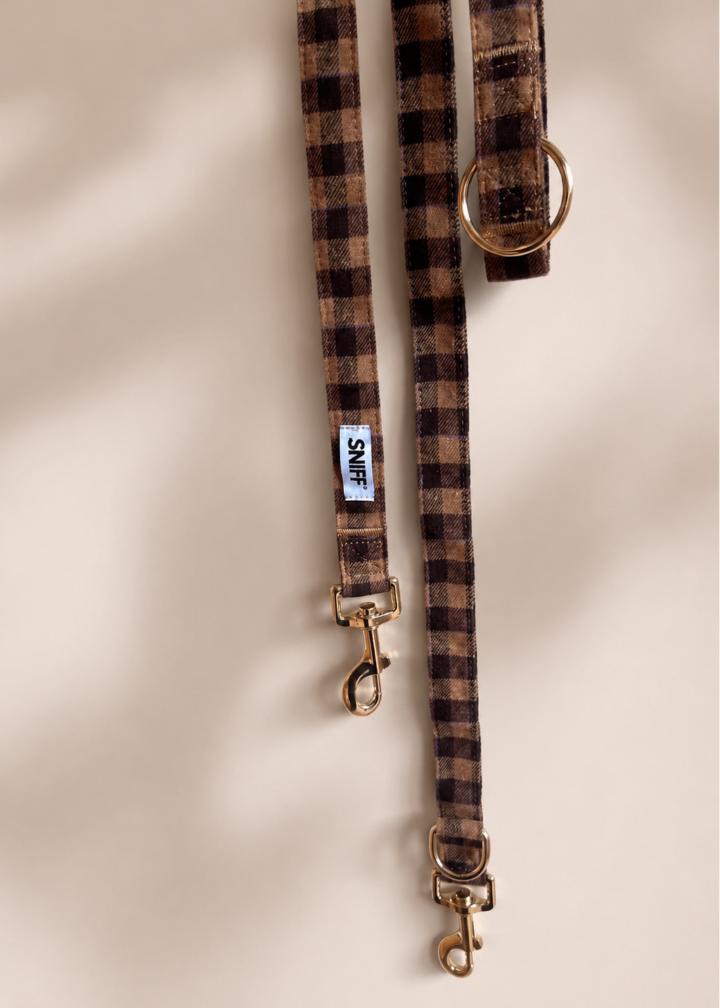 Extra lange handsfree hondenriem met klassieke ruit beige bruin