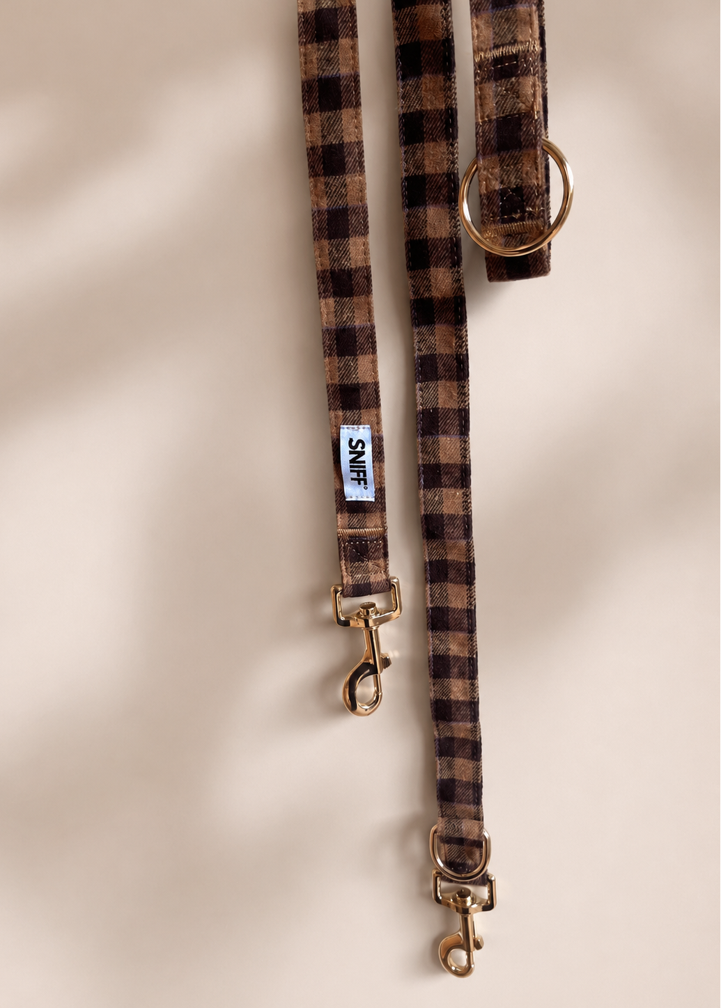 Extra lange handsfree hondenriem met klassieke ruit beige bruin